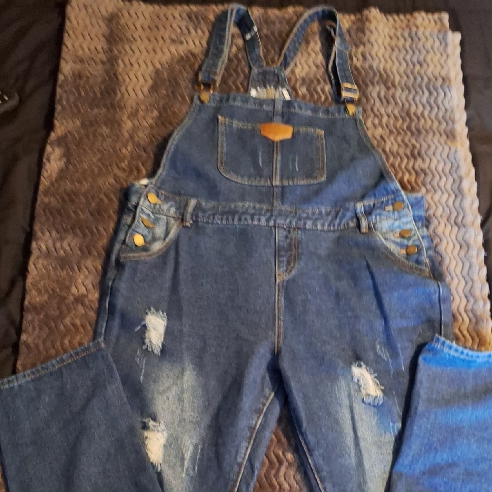 Women's Distressed Dark Blue Denim Overalls Size XL